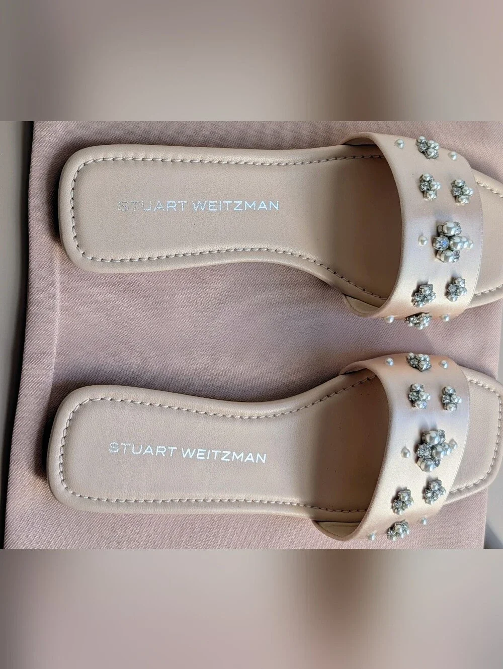 NWT Stuart Weitzman Poppy Embellished Slide Sandals Blush Pearl Crystal Size 8